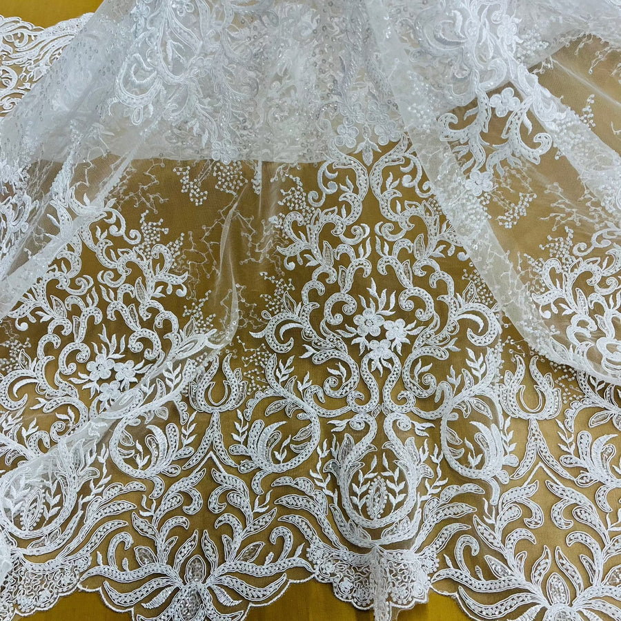 1 Yard Beaded & Corded Bridal Lace Fabric Embroidered on 100% Polyester Net Mesh