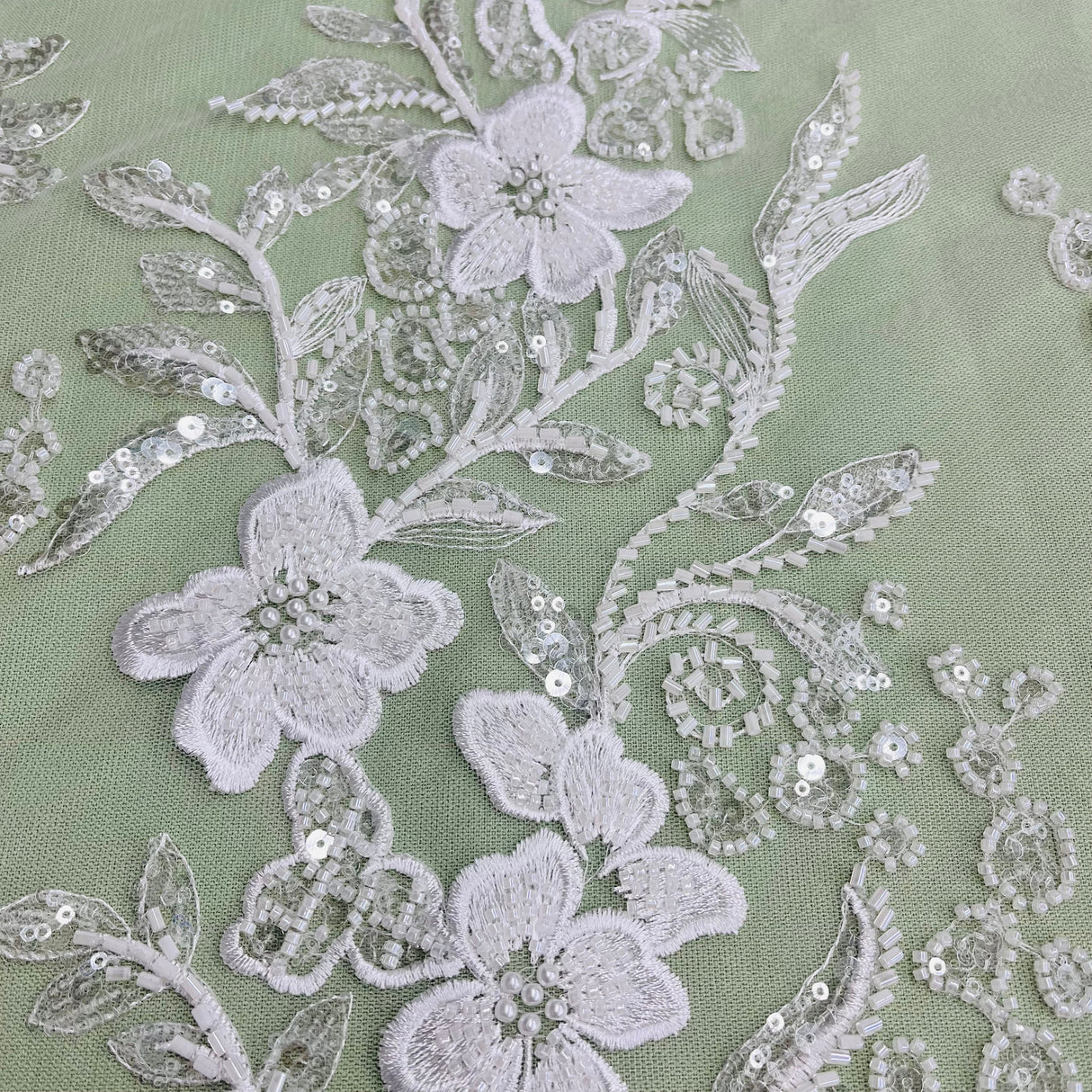 Beaded Lace Fabric Embroidered On 100 Percent Polyester Net Mesh - White, Ivory, Antique Silver, 54" Width (1 Yard)