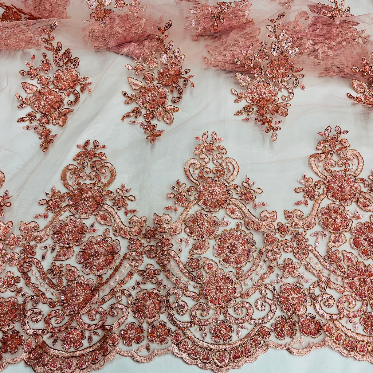 Beaded Corded Lace Fabric - Scalloped Embroidered Metallic Lace, 54" Width (1 Yard)