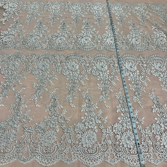 1 Yard Silver Corded Bridal Lace Fabric Embroidered on Polyester Net Mesh Elegant Floral 50 Inch Width