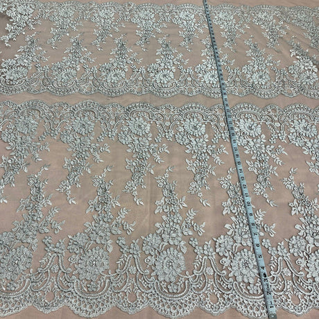 1 Yard Silver Corded Bridal Lace Fabric Embroidered on Polyester Net Mesh Elegant Floral 50 Inch Width