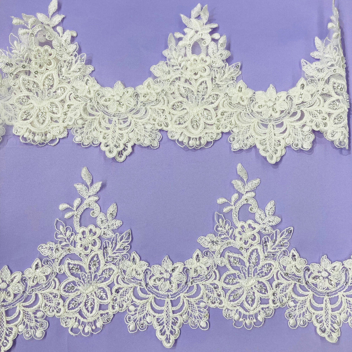 Beaded & Corded Lace Trimming 100 Percent Polyester Net Mesh Fabric - White, Ivory, 6" Width (1 Yard)