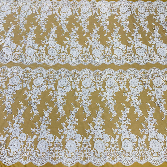 1 Yard Beaded Corded Bridal Lace Fabric Embroidered 100 Percent Polyester Net Mesh 48 inch Width
