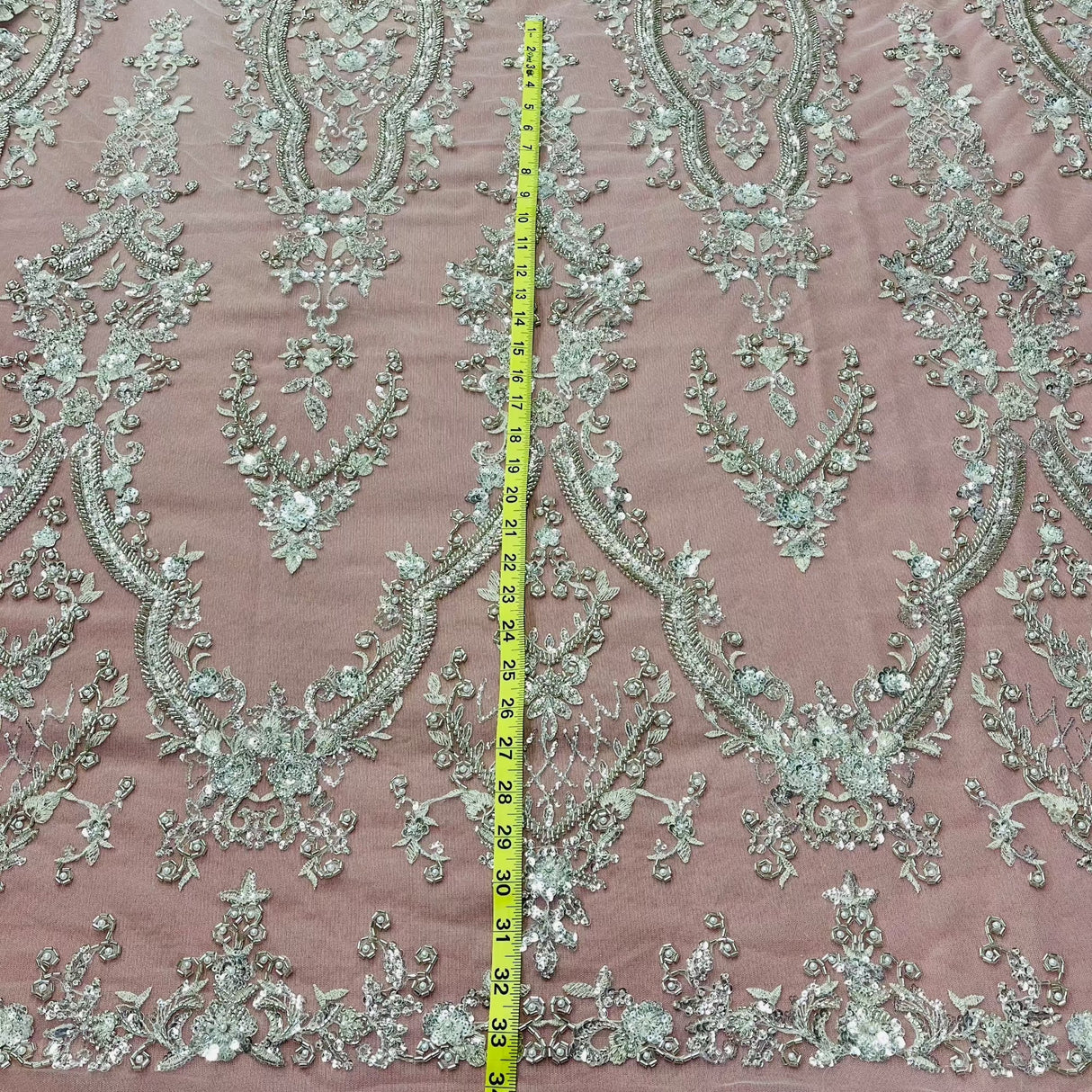 Beaded Lace Fabric Embroidered On 100 Percent Polyester Net Mesh Fabric - White, Ivory, Antique Silver, 52" Width (1 Yard)