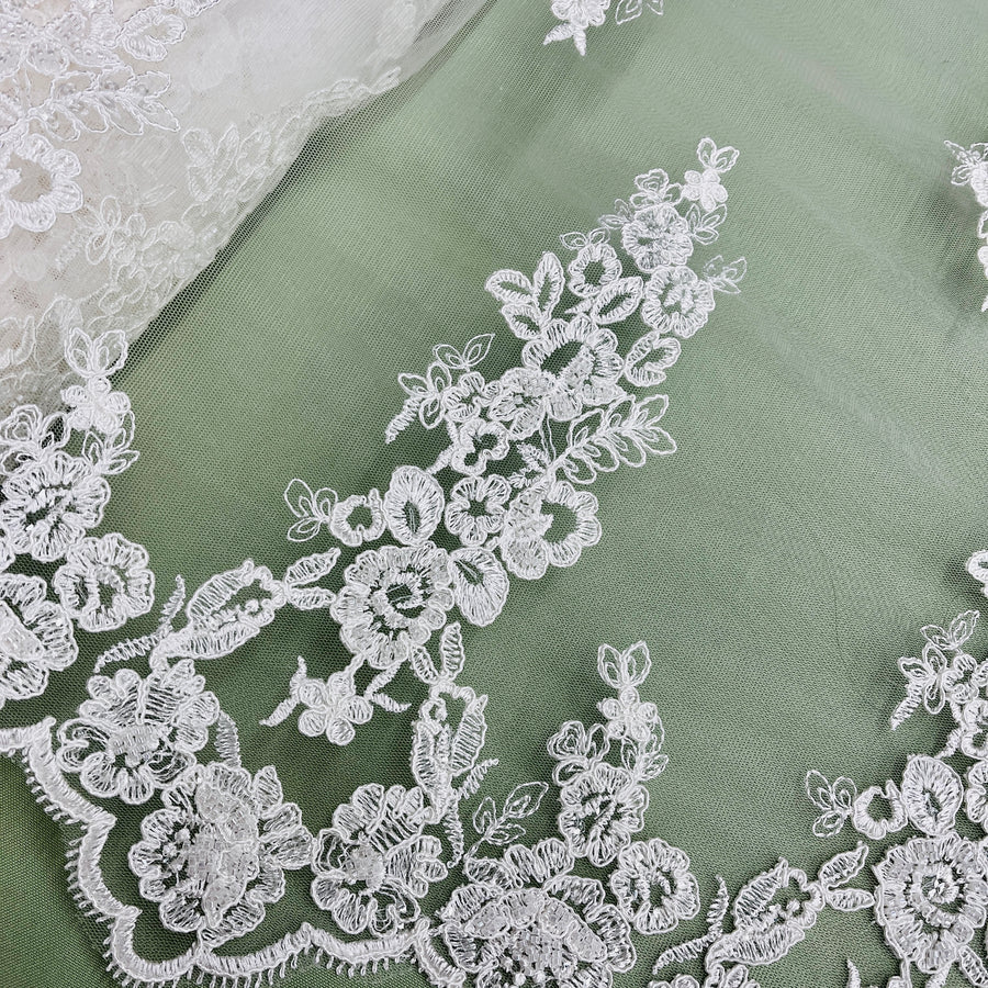 1 Yard Ivory Beaded and Corded Bridal Lace Fabric Embroidered on Polyester Net Mesh 54 Inch Width