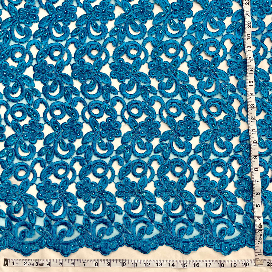 1 Yard Beaded Corded Bridal Lace Fabric Embroidered on 100 Percent Polyester Net Mesh 52 Inch Width