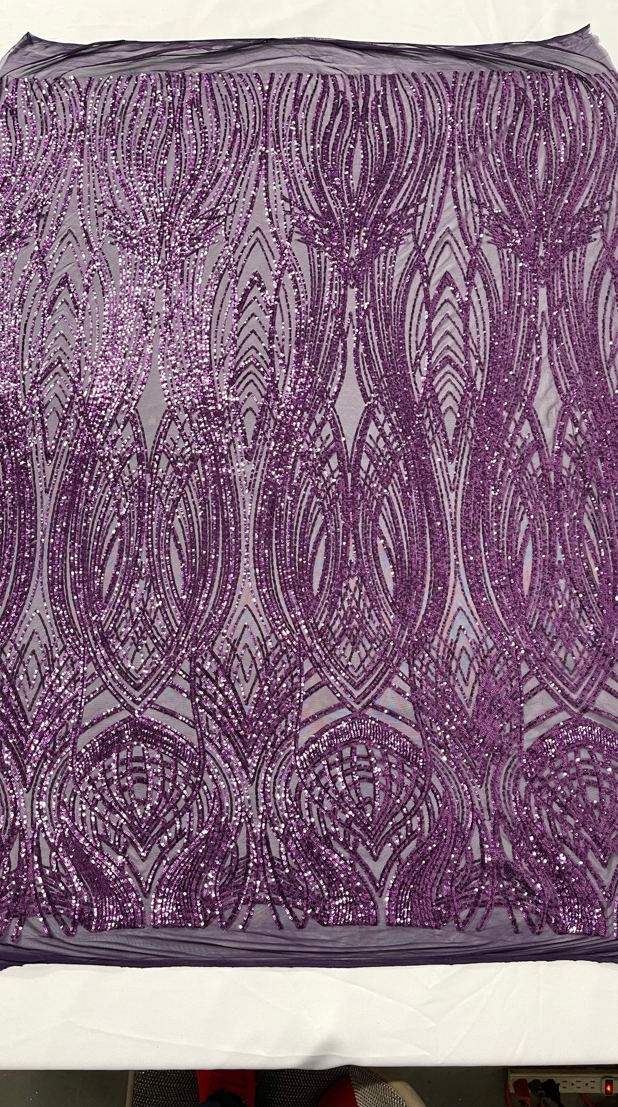 Feather Damask Shiny Sequin Design 4 Way Stretch Mesh Fabric - Iridescent Sequin Embroidered Mesh, 48-50" Width, 36" Length (1 Yard)