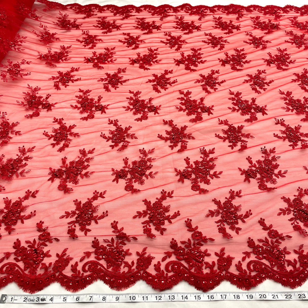 Beaded Corded Bridal Lace Fabric - Embroidered Polyester Net Mesh, Pearl Sequin Detail, 54" Width (1 Yard)