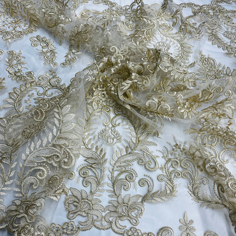 1 Yard Exquisite Corded Embroidered Bridal Lace Fabric for Elegant Dresses White