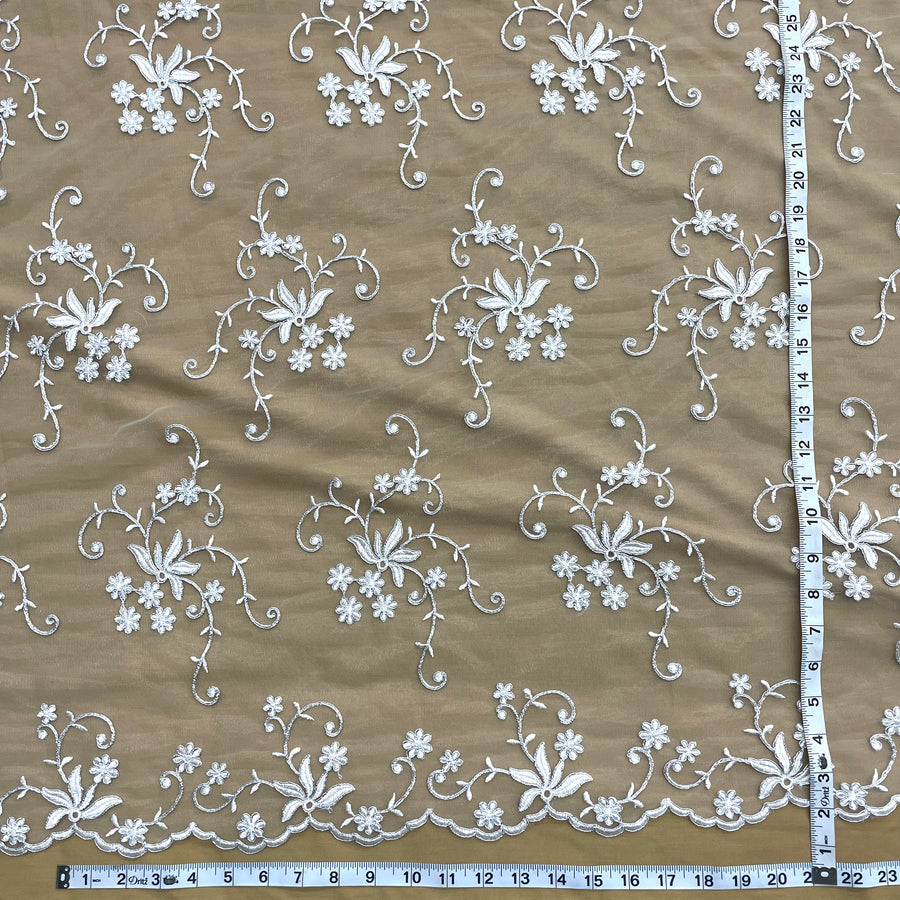 1 Yard - Corded Bridal Lace Fabric Embroidered on 100% Polyester Net Mesh - Ivory - 54"