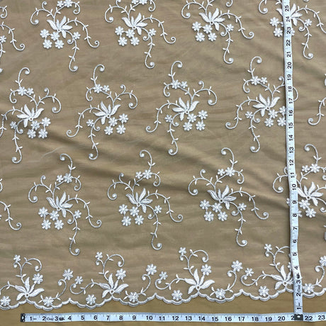 1 Yard - Corded Bridal Lace Fabric Embroidered on 100% Polyester Net Mesh - Ivory - 54"
