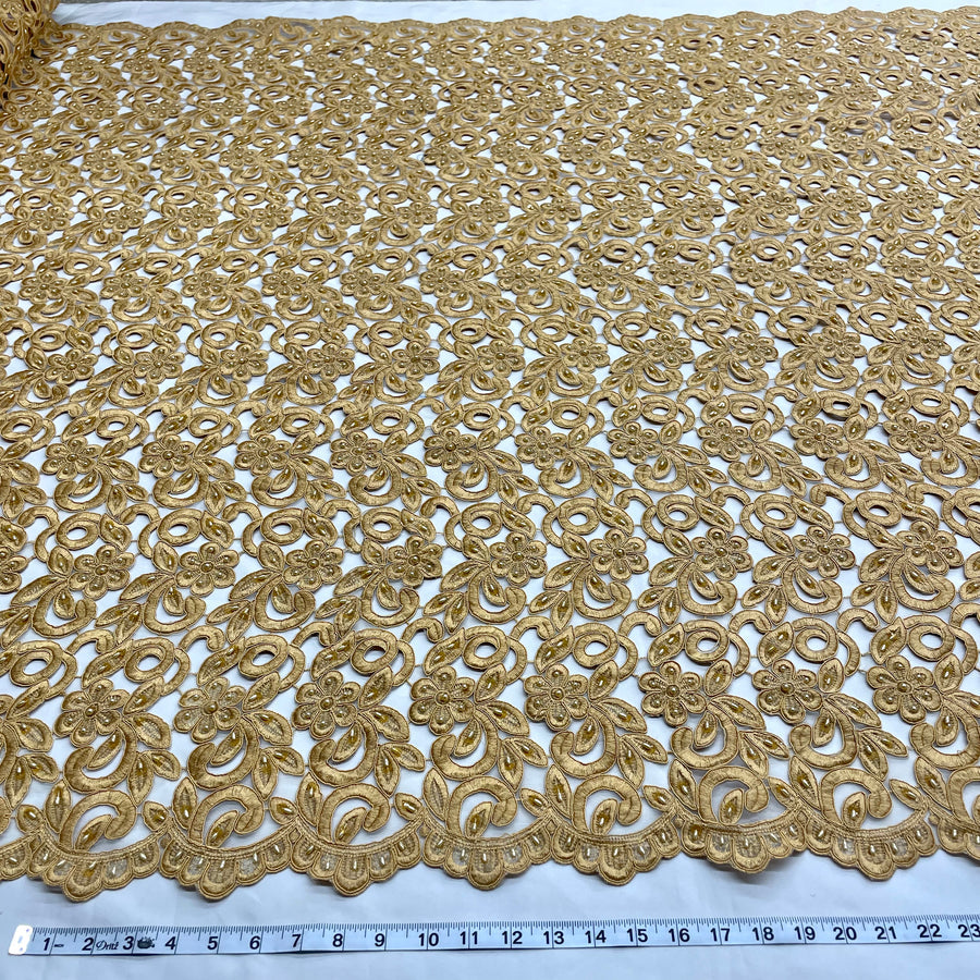 1 Yard Beaded Corded Bridal Lace Fabric Embroidered on 100 Percent Polyester Net Mesh 52 Inch Width
