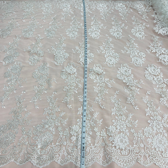 1 Yard Silver Corded Bridal Lace Fabric Embroidered on Polyester Net Mesh Floral Design 54 Inch Width