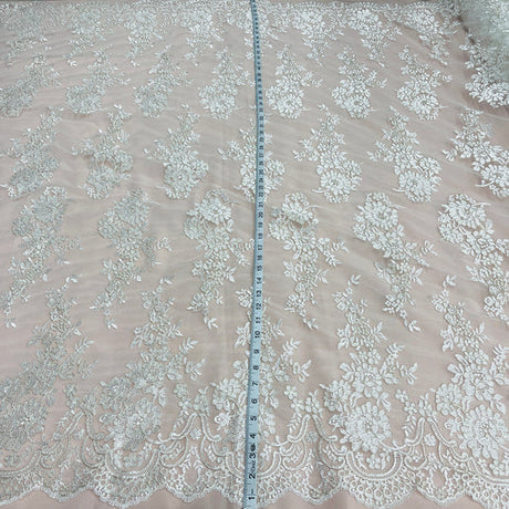 1 Yard Silver Corded Bridal Lace Fabric Embroidered on Polyester Net Mesh Floral Design 54 Inch Width
