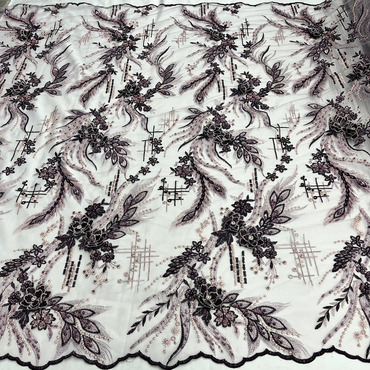 Beaded 3D Floral Lace Fabric