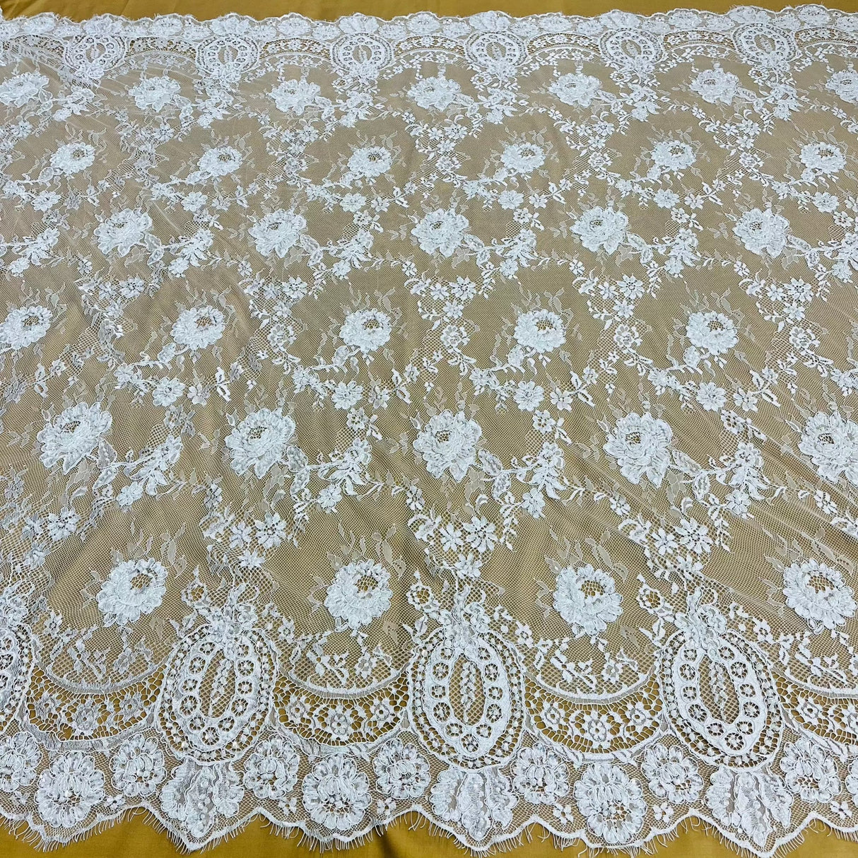 Beaded & Corded Chantilly Floral Lace Fabric - White Floral Embroidered Beaded Corded, 58" Width (3 Yards)
