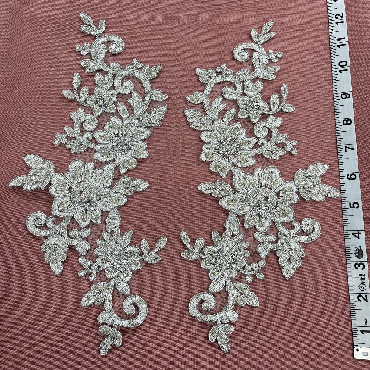 Beaded Corded Floral Lace Applique on Polyester Net Mesh