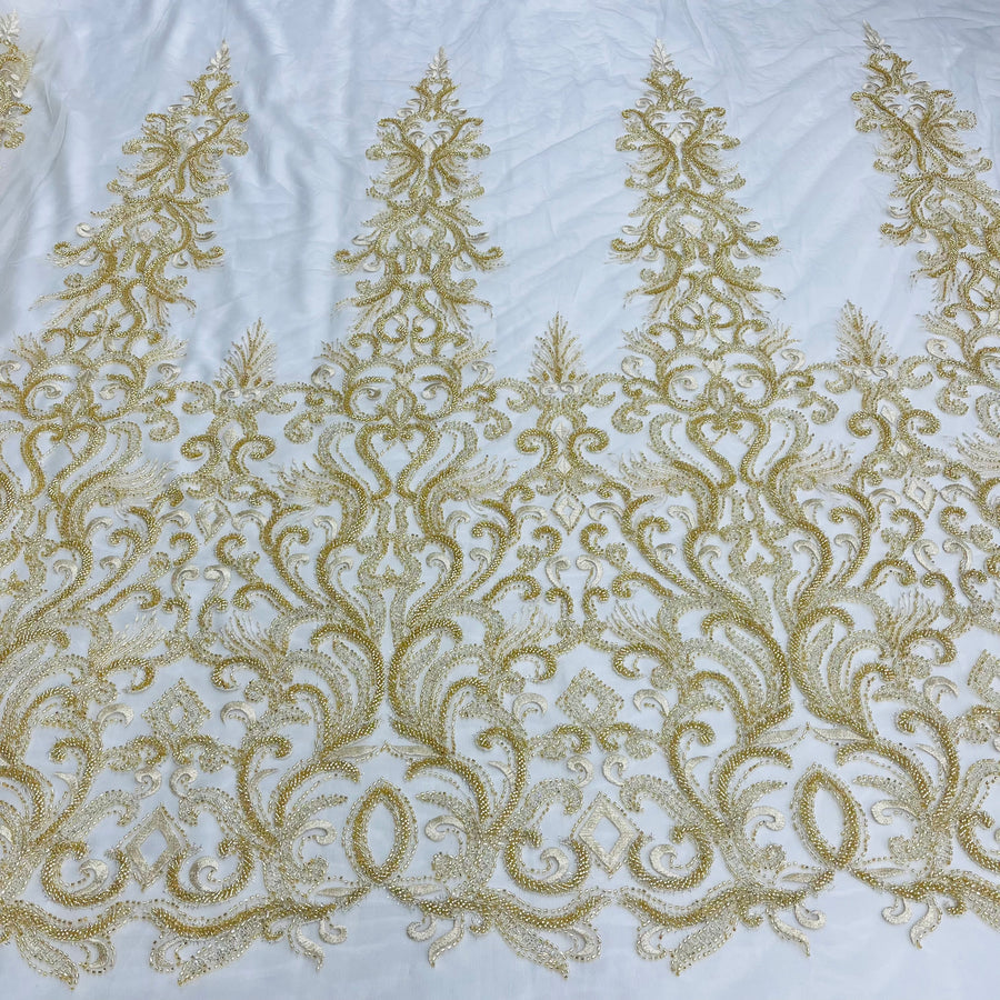 1 Yard Beaded Lace Fabric Embroidered with Fuzzy Thread on Polyester Net Mesh