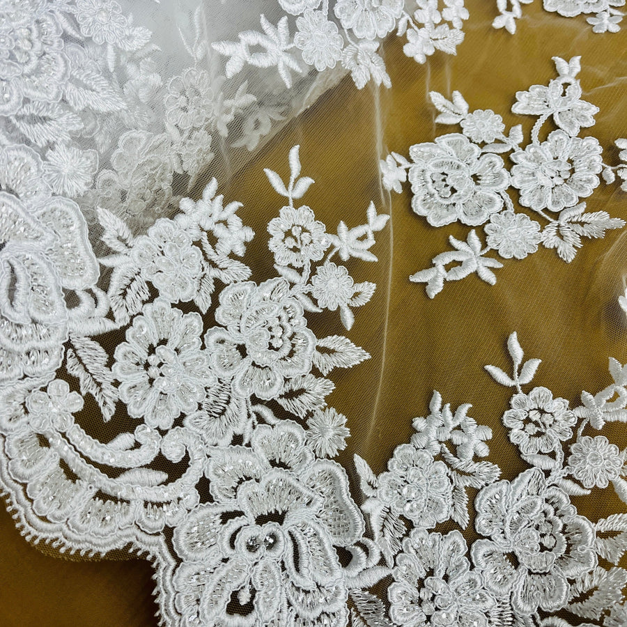 1 Yard Ivory with Silver Beaded and Corded Bridal Lace Fabric on Polyester Net Mesh 51 Inch Width