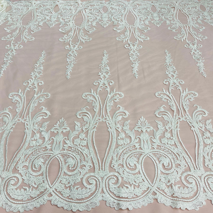 1 Yard Beaded and Corded Bridal Lace Fabric Embroidered on Polyester Net Mesh White