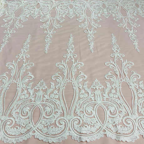 1 Yard Beaded and Corded Bridal Lace Fabric Embroidered on Polyester Net Mesh White