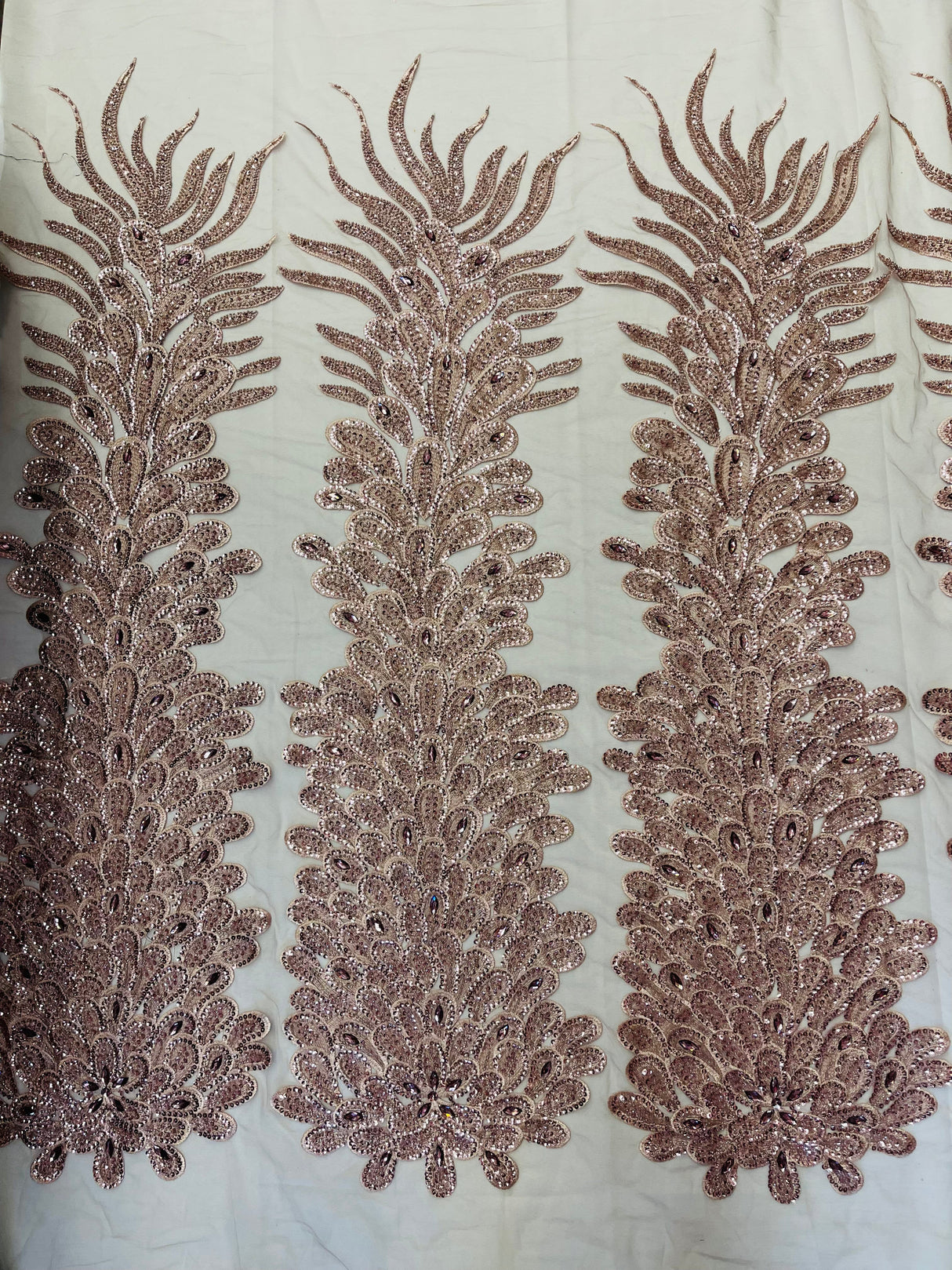 New Vegas Heavy Beaded Feather Design Embroidery Mesh Fabric - Beaded Feather Design, 11" Width, 50" Length (1 Panel)