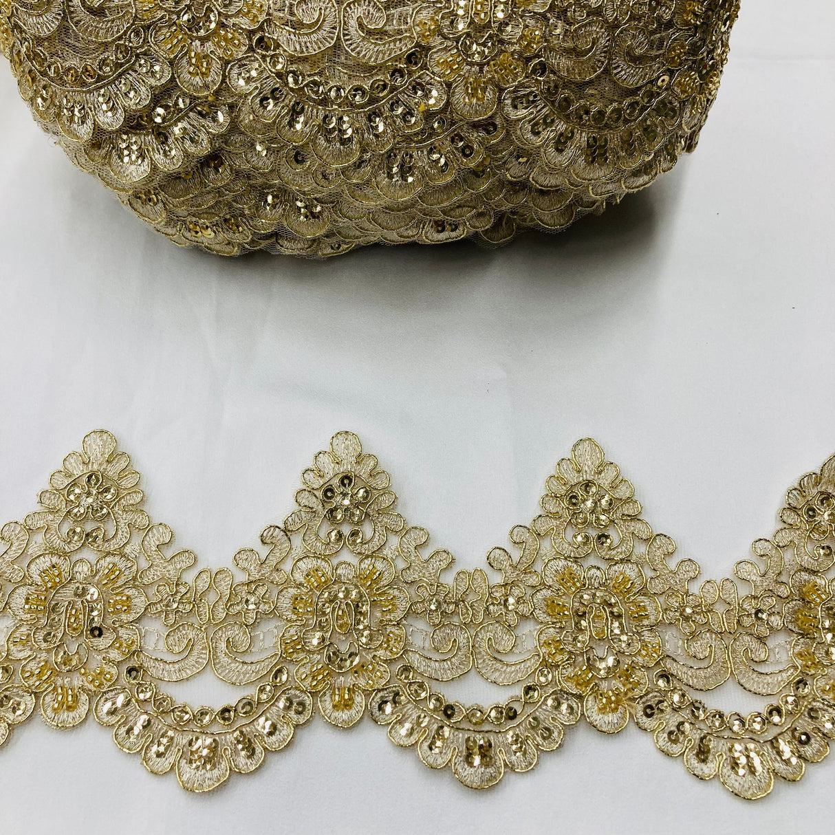 Beaded & Corded Lace Trimming 100 Percent Polyester Fabric - Embroidered Net Mesh, 4.5" Width (1 Yard)