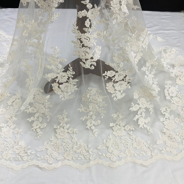 1 Yard Exquisite Beaded and Corded Bridal Lace Fabric Embroidered on 100% Polyester Net Mesh White