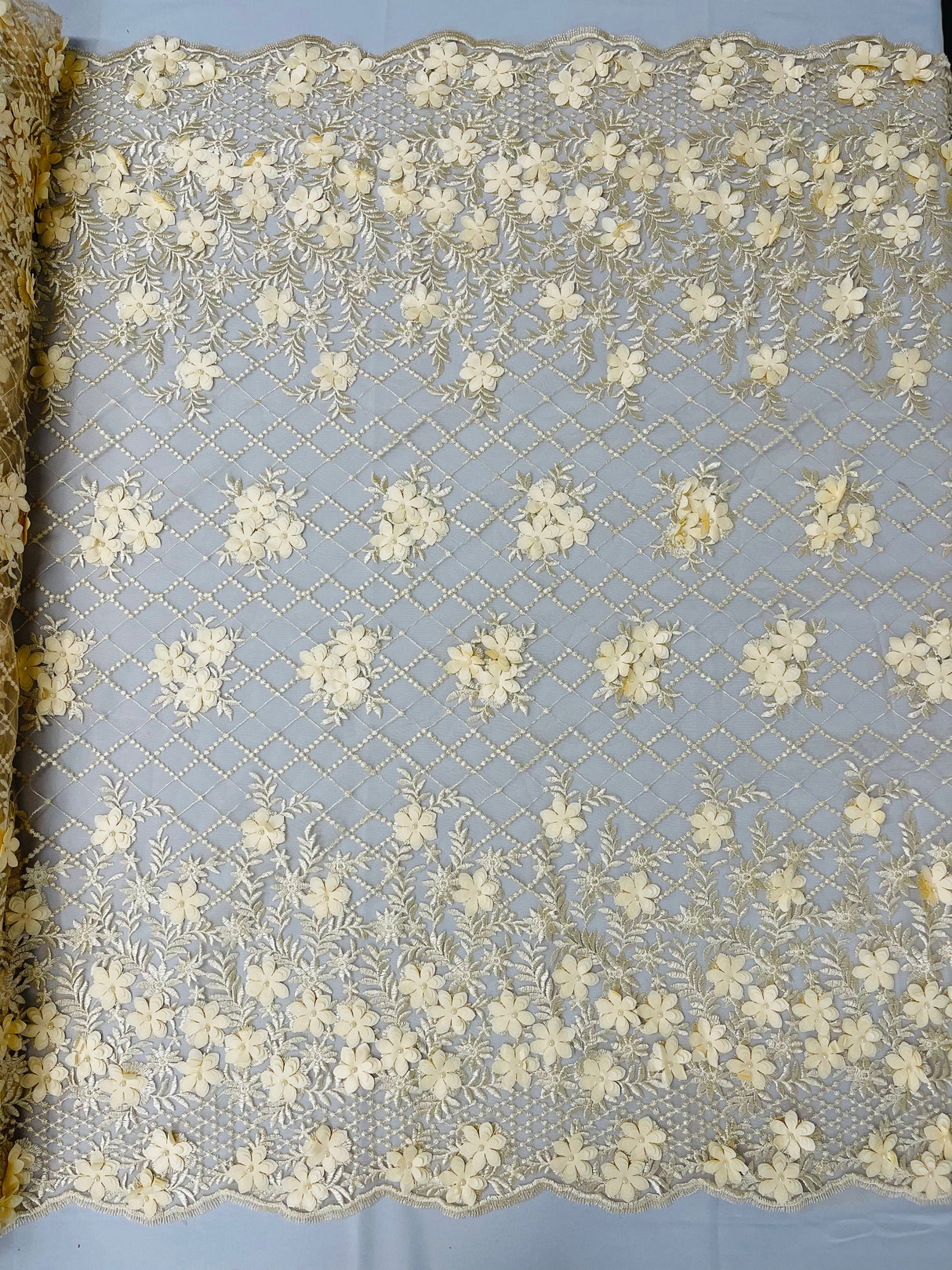 Lia 3D Floral Design Lace Fabric - Beaded Mesh, Double Scallop, 54" Width (1 Yard)