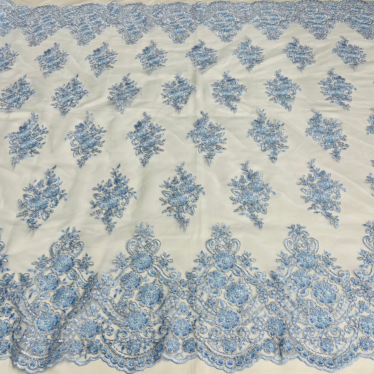 Beaded Corded Lace Fabric - Scalloped Embroidered Metallic Lace, 54" Width (1 Yard)