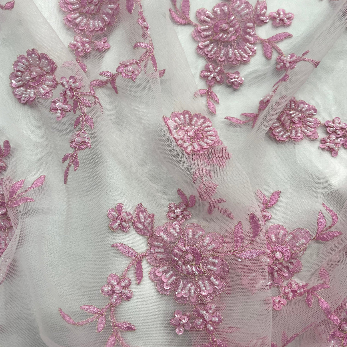 Beaded Lace Fabric Pink Mesh