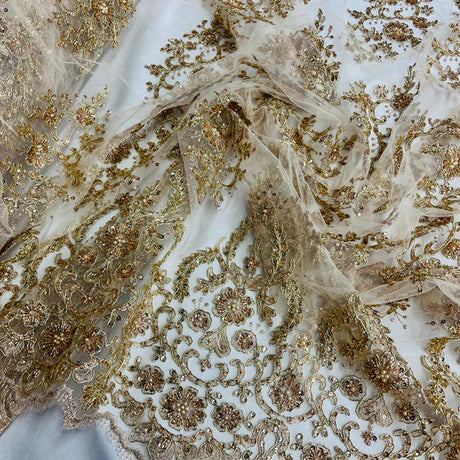 1 Yard Luxurious Beaded and Corded Bridal Lace Fabric Embroidered on Polyester Net Mesh