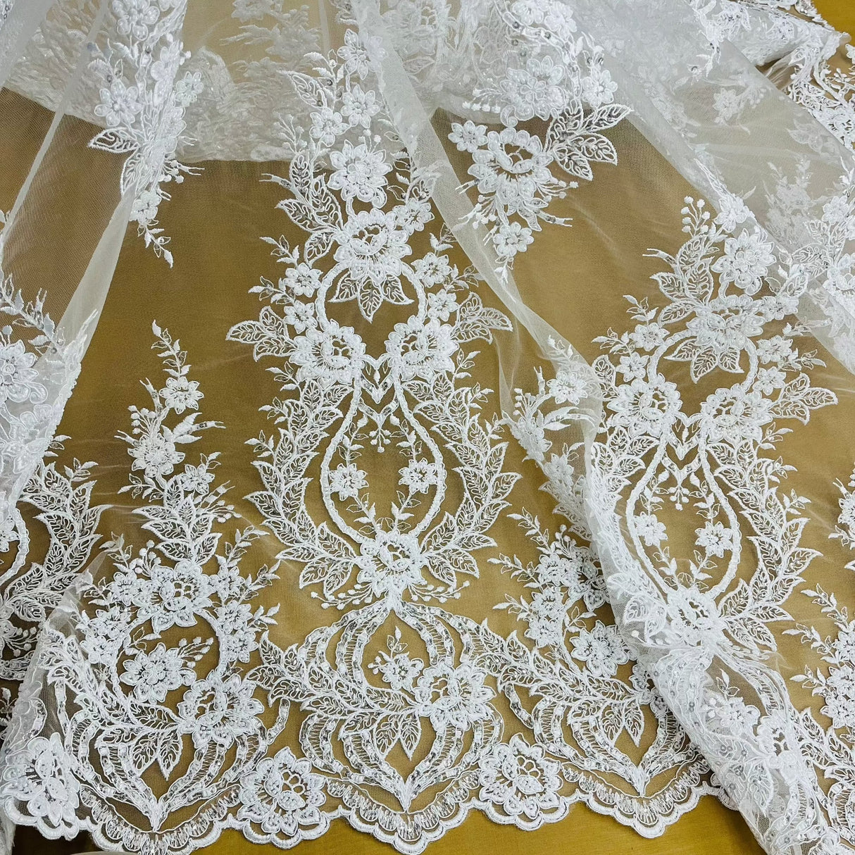 Beaded Corded Bridal Lace Fabric