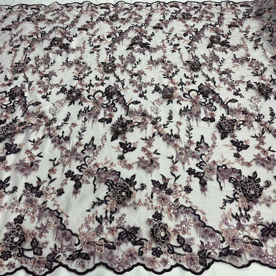 1 Yard Beaded Rhinestone 3D Floral Lace Fabric Embroidered 100 Percent Polyester Net Mesh 50 inch Width