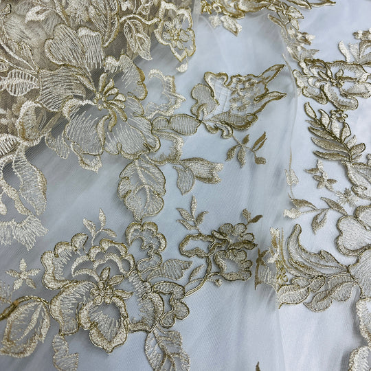 1 Yard Corded Bridal Lace Fabric Embroidered on Polyester Net Mesh 53 inch Width