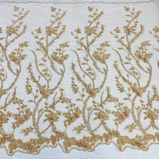 1 Yard Exquisite Beaded 3D Floral Lace Fabric Embroidered on Polyester Net Mesh