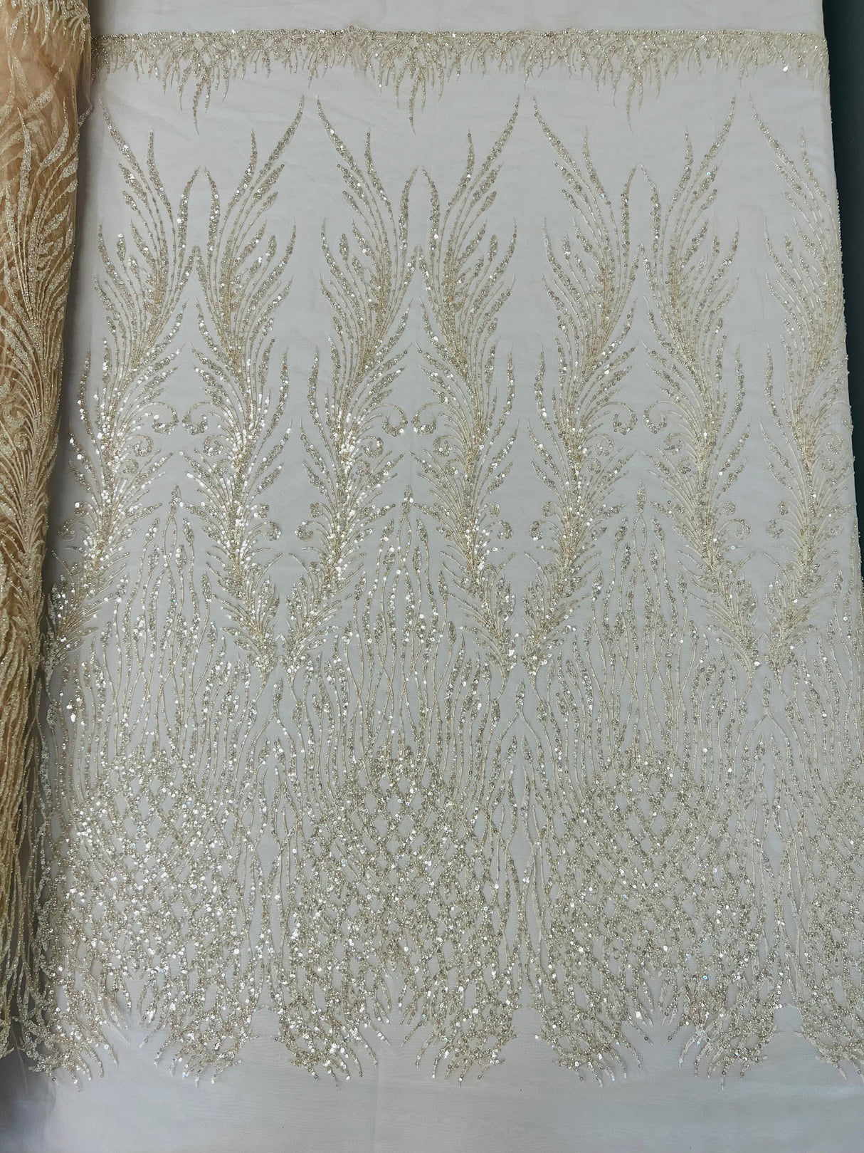 Wing Feather Damask Beaded Lace Fabric - Feather Damask, Beaded Mesh Lace, 50-54" Width (1 Yard)