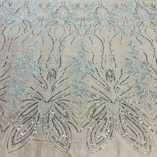 1 Yard Exquisite Beaded Lace Fabric Embroidered on 100% Polyester Net Mesh
