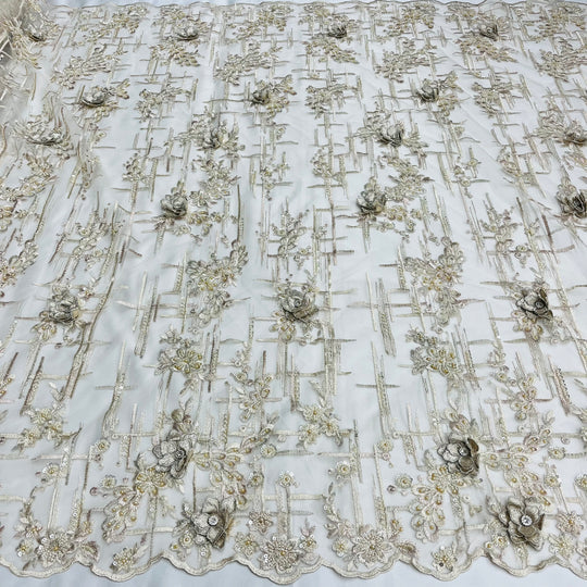 1 Yard Beaded Rhinestone 3D Floral Lace Fabric Embroidered 100 Percent Polyester Net Mesh 50 inch Width