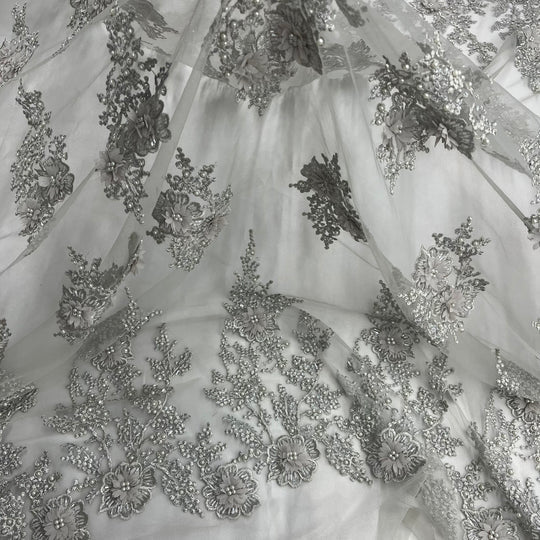 1 Yard Silver Beaded 3D Floral Lace Fabric Embroidered on Polyester Net Mesh Couture 52 Inch Width