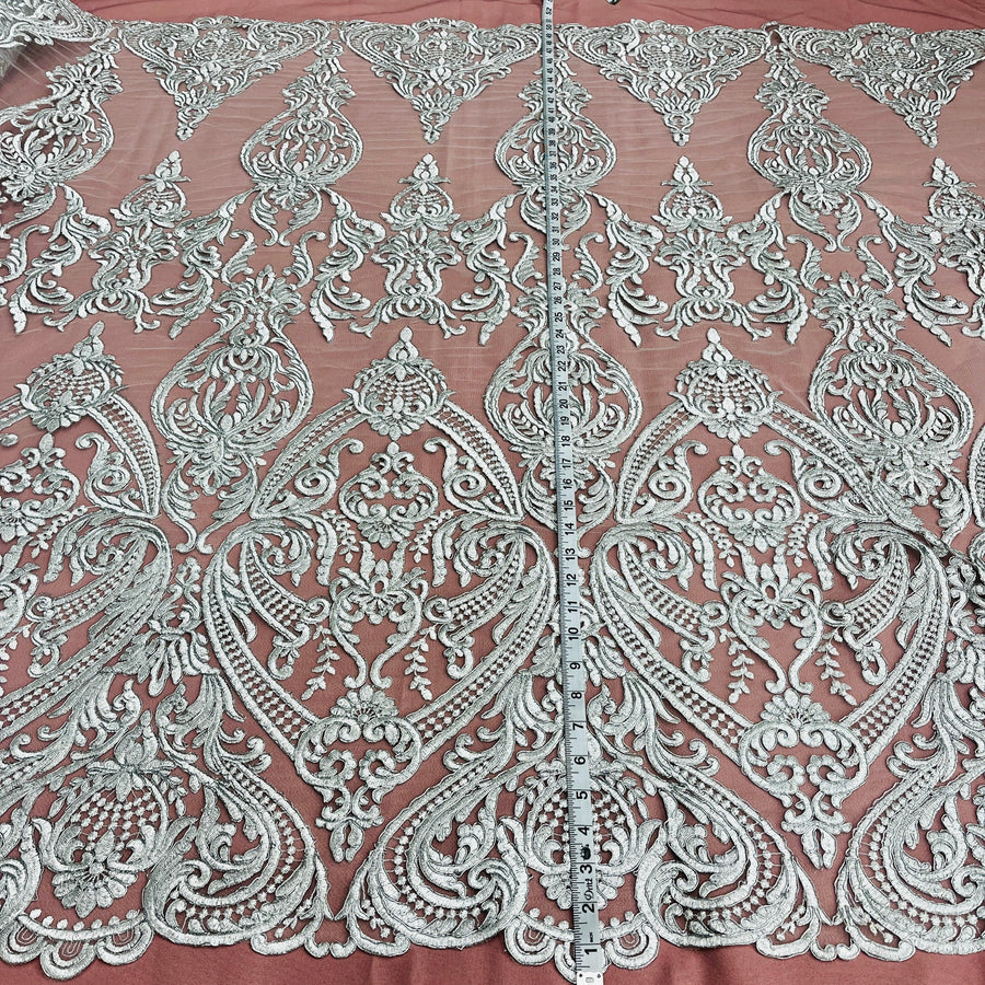 1 Yard Ivory Corded Bridal Lace Fabric Embroidered on 100 Percent Polyester Net Mesh 54 Inch Width