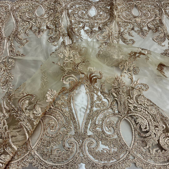 1 Yard Beaded Lace Fabric Embroidered on 100% Polyester Net Mesh – 50" Wide