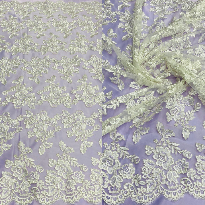 1 Yard Luxury Corded Embroidered Bridal Lace Fabric for Evening Gowns White