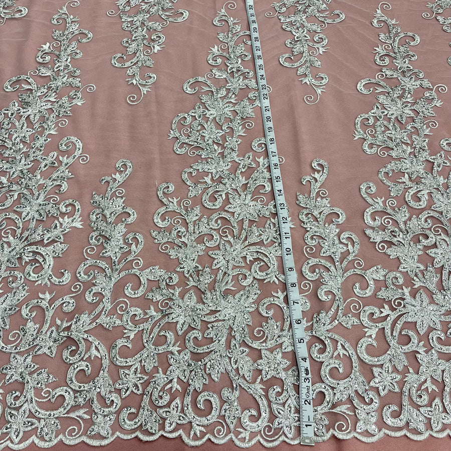 1 Yard Ivory Beaded and Corded Bridal Lace Fabric Embroidered on 100 Percent Polyester Net Mesh 51 Inch Width