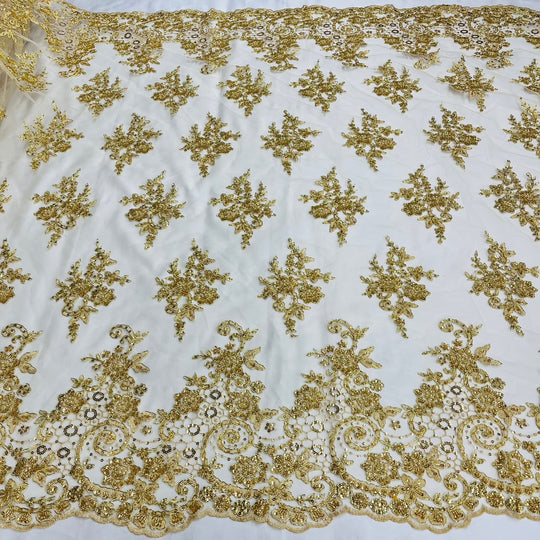 1 Yard Beaded and Corded Bridal Lace Fabric Embroidered on Polyester Net Mesh