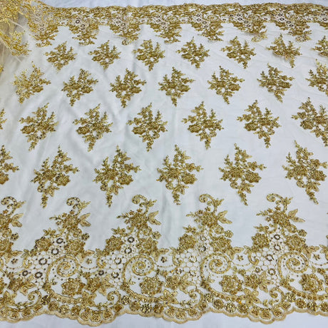 1 Yard Beaded and Corded Bridal Lace Fabric Embroidered on Polyester Net Mesh
