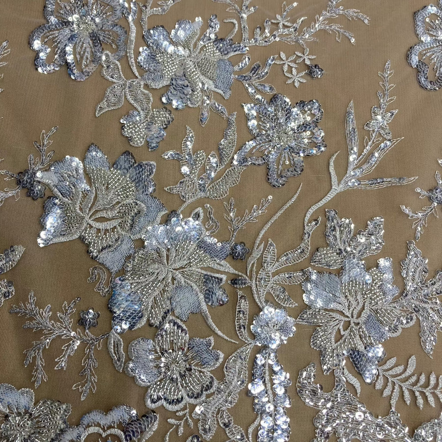 1 Yard Beaded & Sequined Lace Fabric Embroidered on 100% Polyester Net Mesh | Ivory with Gold