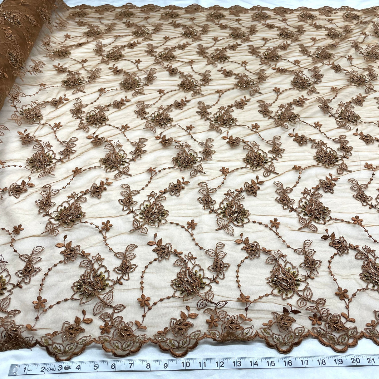 1 Yard Beaded and Corded Bridal Lace Fabric Embroidered on Polyester Net Mesh for Elegant Wedding Gowns – 50"