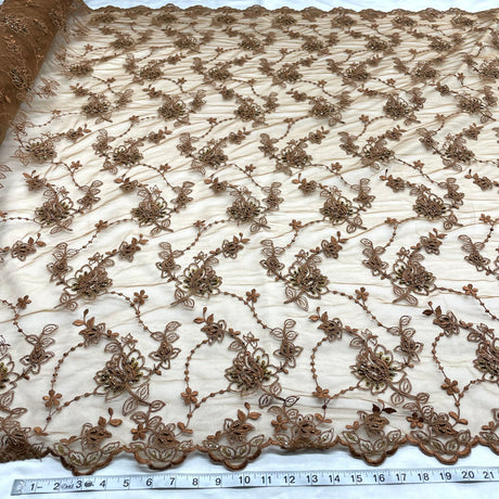 1 Yard Beaded and Corded Bridal Lace Fabric Embroidered on Polyester Net Mesh for Elegant Wedding Gowns – 50"