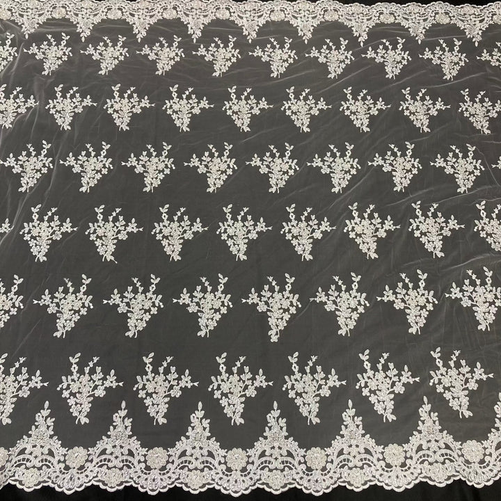 1 Yard Beaded and Corded Bridal Lace Fabric Embroidered on 100% Polyester Net Mesh White